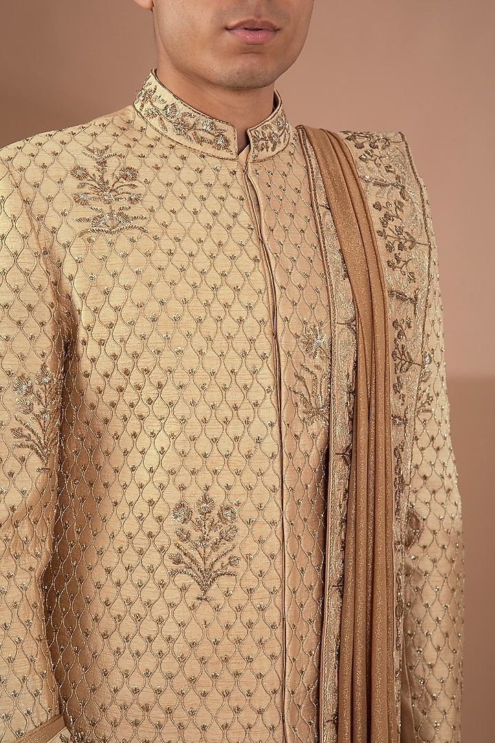 Gold Raw Silk Hand Embroidered Groom Sherwani Set by Aditya Sachdeva Men at Pernia's Pop Up Shop
